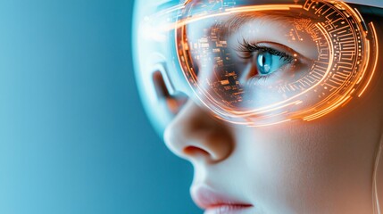 Woman is wearing smart glasses with augmented reality technology, experiencing a futuristic interface. The image evokes innovation and the potential of technology to enhance our perception