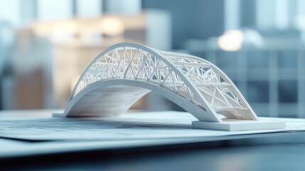 Architectural design of a 3D model bridge project, showcasing detailed blueprints and structural elements, emphasizing innovative engineering and aesthetic appeal.