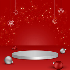christmas background with empty white podium for product display and christmas decoration elements. 