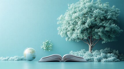 Poster - Tranquil 3D illustration World Book Day depicting minimalistic open book with a small globe and elegant tree outlines all set against a soft blue background conveying a sense of peace and exploration