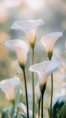 Poster - Delicate white calla lilies blooming in a peaceful garden, capturing morning sunlight. Perfect for weddings, bouquets, or as a gift to express love