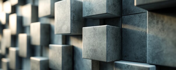 Poster - Modern architectural detail of a wall is composed of many concrete cubes protruding at different depths, creating a visually interesting pattern