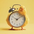 © LUPACO IMAGES - A fluffy yellow chick holding an alarm clock
