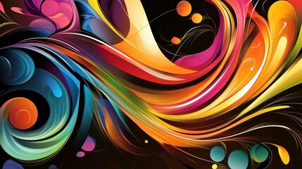 Sticker - Vibrant abstract background with colorful wavy lines on black backdrop, filled with dynamic motion and bright colors for creative projects