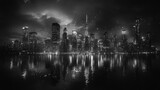 A city skyline with tall buildings and water reflection.