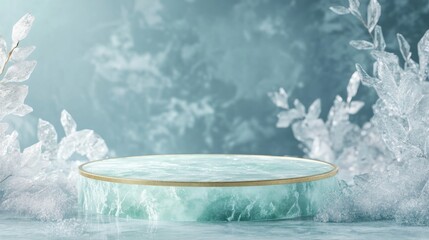 Aufkleber - A beautifully crafted display stand sits amidst elegant ice formations. The serene setting features a frosty background, creating an ethereal atmosphere perfect for showcasing delicate items.