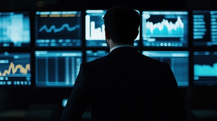 Poster - Businessman Analyzing Financial Data on Multiple Screens