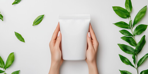 Elegant Mockup with Two Female Hands Showcasing a White Flexible Pouch with Floating Dong Quai Roots, Ideal for Hormone Balance and Skin Health in Natural Lighting