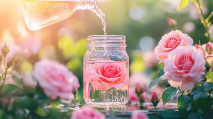 Wall Mural - Organic Rose Water Being Poured into a Glass Jar