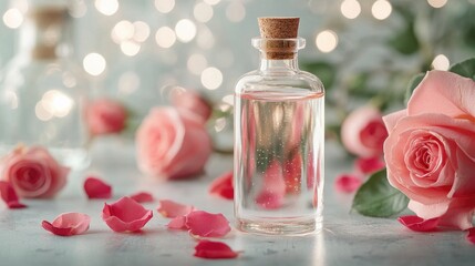 Sticker - Natural Rose Water with Delicate Petals Surrounding Bottle