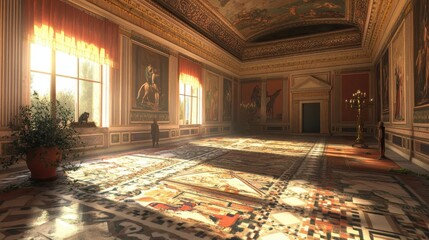 Wall Mural - Grand dining hall with hunting scene mosaic and frescoes bright sun casting long shadows