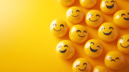 Poster - Vibrant 3D banner filled with smiling emojis celebrating World Emoji Day on a bright background Space for text on the left side ideal for promoting mental health awareness and positive vibes