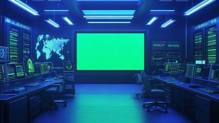 Poster - high tech control room with big huge green screen chroma key monitor, 3d render blue neon lighting multimedia technology indoor panorama design 