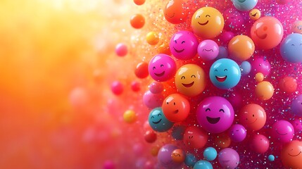 Poster - Vibrant 3D banner filled with smiling emojis celebrating World Emoji Day on a bright background Space for text on the left side ideal for promoting mental health awareness and positive vibes