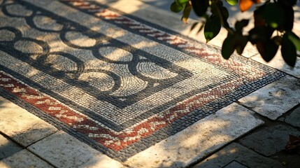 Mosaic floor with geometric border pattern of interlocking shapes tiles aligned perfectly