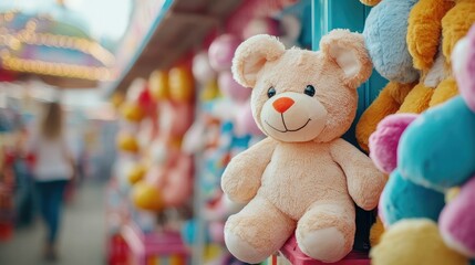 Friends enjoying carnival games and trying to win plush stuffed animals at a lively amusement park filled with festive and entertainment