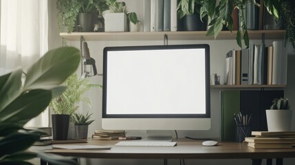 Poster - Modern Home Office Workspace with Blank Computer Screen