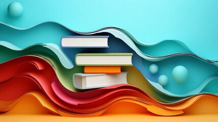 Poster - Vibrant 3D illustration for World Book Day in paper cut style featuring layered books with a gradient background colorful pages flowing out and minimalistic abstract shapes for a dynamic look