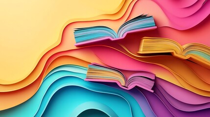 Poster - Vibrant 3D illustration for World Book Day in paper cut style featuring layered books with a gradient background colorful pages flowing out and minimalistic abstract shapes for a dynamic look