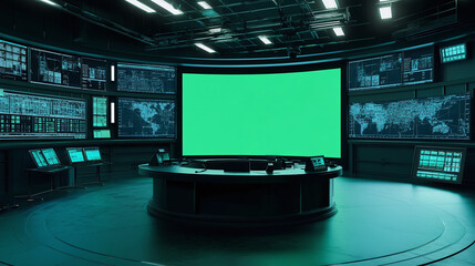 Poster - high tech control room with big huge green screen chroma key monitor, 3d render lighting multimedia technology indoor panorama design 