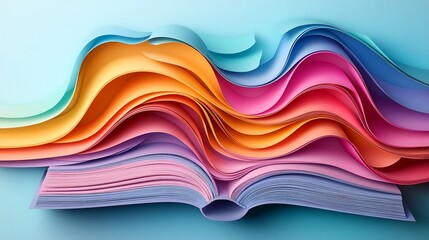 Poster - Vibrant 3D illustration for World Book Day in paper cut style featuring layered books with a gradient background colorful pages flowing out and minimalistic abstract shapes for a dynamic look