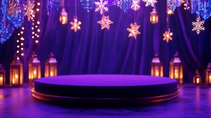 Aufkleber - A beautifully decorated stage for a winter event, featuring soft purple lighting, twinkling lanterns, and delicate snowflakes.