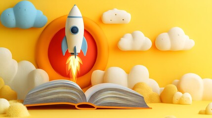 Poster - Vibrant 3D illustration of a rocket soaring from an open book set against a sunny yellow background symbolizing joy and creativity in education for World Book Day