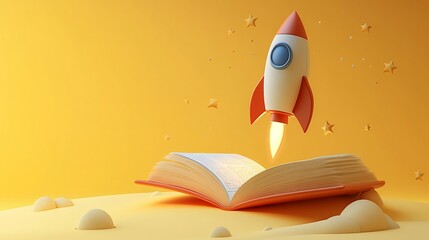 Poster - Vibrant 3D illustration of a rocket soaring from an open book set against a sunny yellow background symbolizing joy and creativity in education for World Book Day