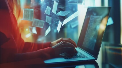 Poster - Woman Working on Laptop with Digital Documents