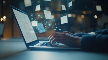 Poster - Digital Data Transfer -  Laptop with Floating Data