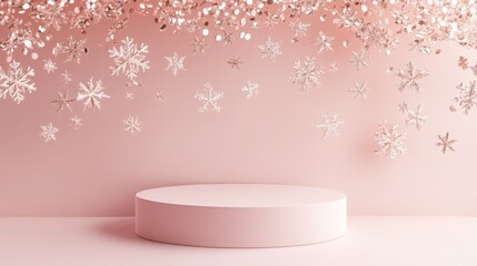 Poster - A pastel pink backdrop features delicate snowflakes hanging from the ceiling, creating a whimsical atmosphere for festive events. A circular platform below invites creative displays and decorations.