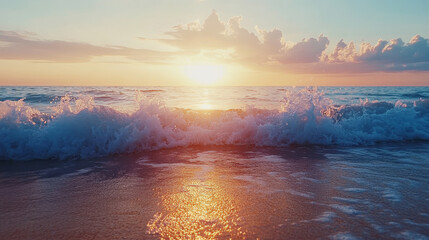 A serene sunrise at the beach paints the sky in vibrant hues of orange, pink, and gold.