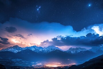 Mountain landscape under starry sky with snow-capped peaks and valley lights