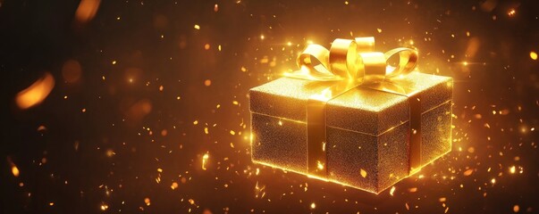 Glittering gold gift box with sparkling particles