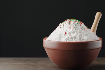 A bowl filled with white flour, topped with colorful sprinkles, sits on a wooden surface against a dark background.