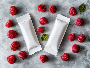 Health and Wellness Mockup Featuring Two Narrow White Stick Pack Sachets of Electrolyte Drink Mix with Fresh Raspberries on a Neutral Tone Background for Effective Advertising