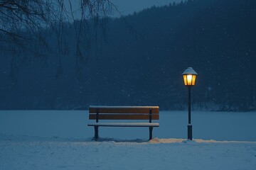 Wall Mural - Snowy Landscape with a Bench and a Lit Streetlamp