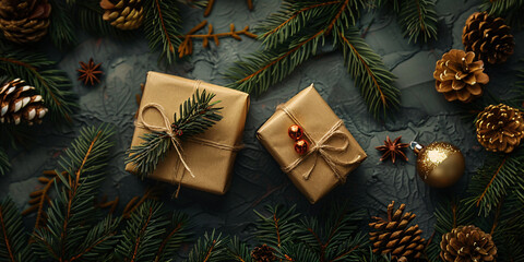 Wall Mural - Top view of Christmas gift boxes wrapped in brown craft paper with berries and fir branches