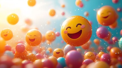 Poster - Vibrant 3D World Emoji Day banner featuring cheerful smiling emojis celebrating joy and mental wellbeing Left side left blank for text emphasizing mental health awareness and positivity
