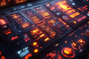 Futuristic control panel with glowing red digital displays and buttons.