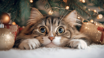 A curious cat peeks from under Christmas tree, surrounded by festive decorations