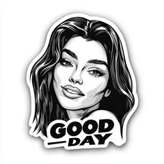 Wall Mural - Black and White Sticker Illustration of Woman with 'Good Day' Text