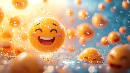 Poster - Vibrant 3D World Emoji Day banner featuring cheerful smiling emojis celebrating joy and mental wellbeing Left side left blank for text emphasizing mental health awareness and positivity