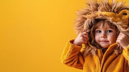 A joyful child wearing a lion costume against a bright yellow background, exuding playfulness and imagination.