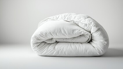 A rolled white comforter rests on a smooth surface, exuding simplicity and comfort in a minimalist aesthetic.