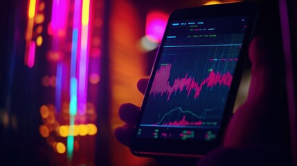 Poster - Phone Screen with Stock Market Data and Neon Lights