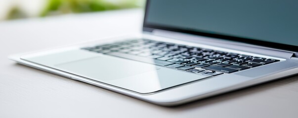 A sleek laptop rests on a table, showcasing its keyboard and touchpad, with a blurred background suggesting a modern workspace.