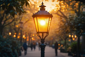 Wall Mural - Illuminated Streetlamp in a Golden Hour Park