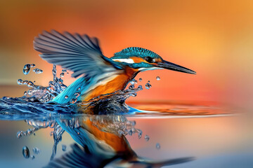 Wall Mural - Majestic kingfisher diving into crystal clear water, creating splashes and ripples. vibrant colors of bird contrast beautifully with soft background, evoking sense of wonder and tranquility