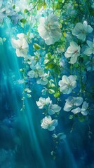 Canvas Print - Painting of white flowers with green leaves blooming on the branches, illuminated by bright sun rays against a blue background